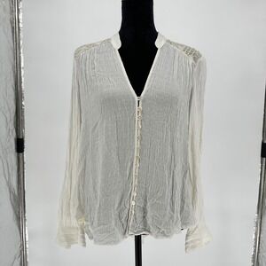 Free People Ivory Texture Long Sleeve Tunic Top Lace Metallic Peasant Boho M